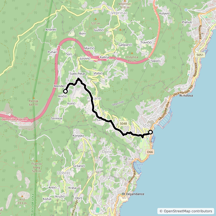 Ičići - Poljane route map